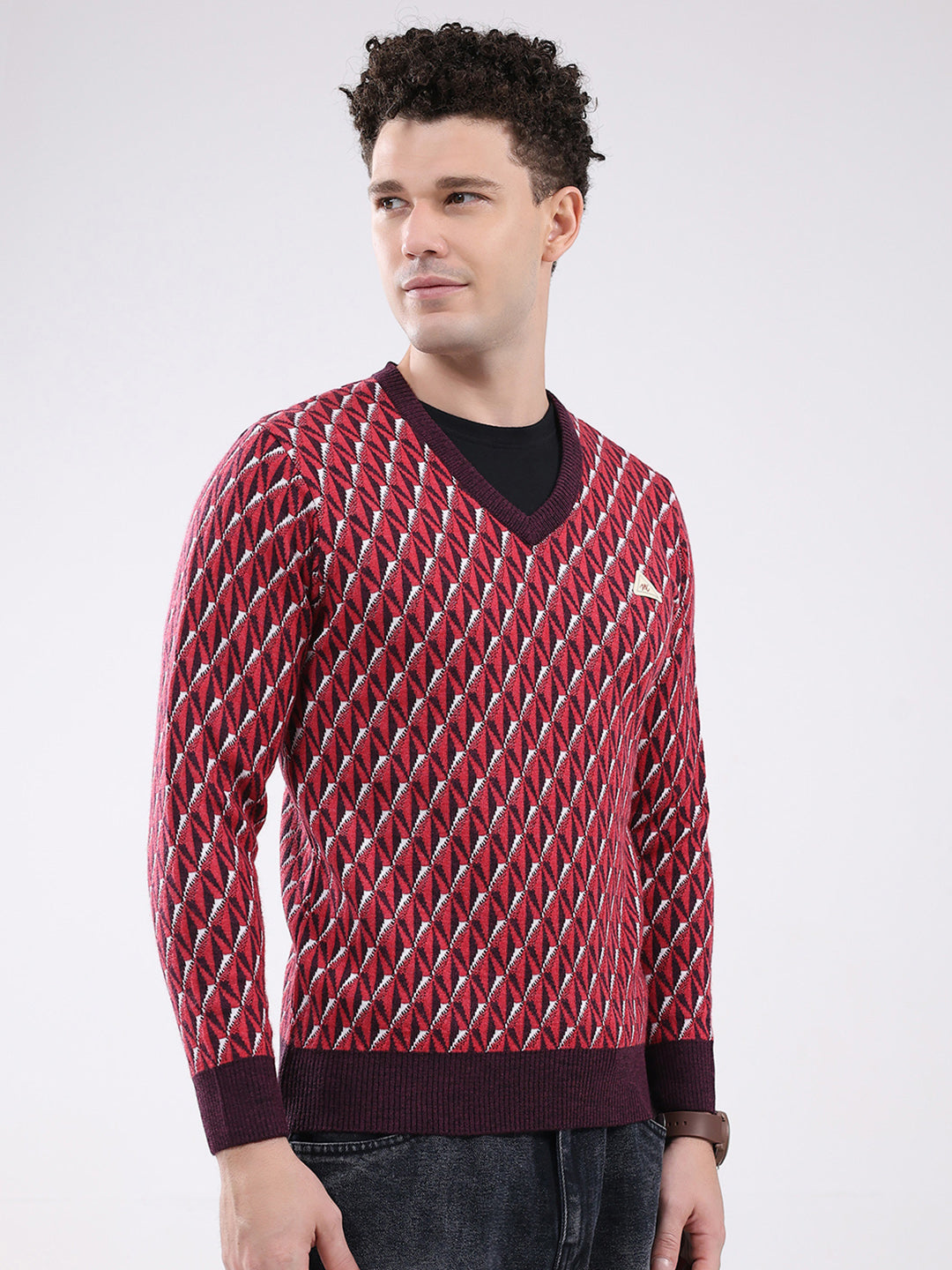 Men Red Self Design V Neck Full Sleeve Pullover
