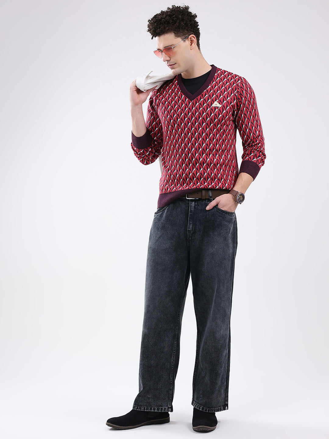 Men Red Self Design V Neck Full Sleeve Pullover