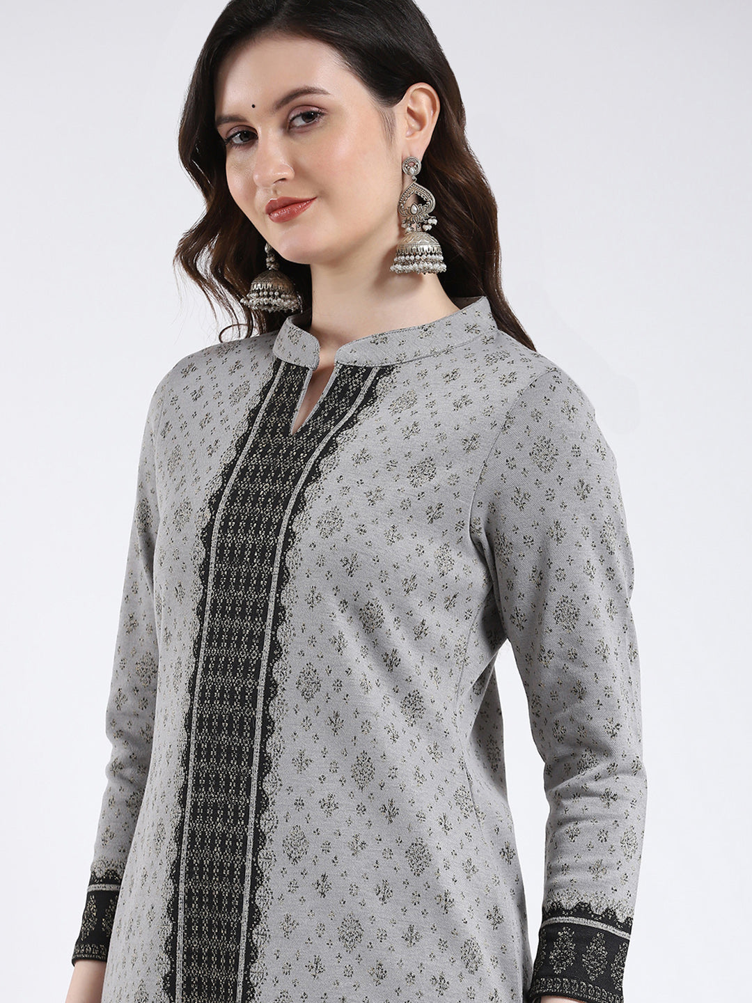 Women Grey Self Design Band Neck Full Sleeve Kurti Set for Winter