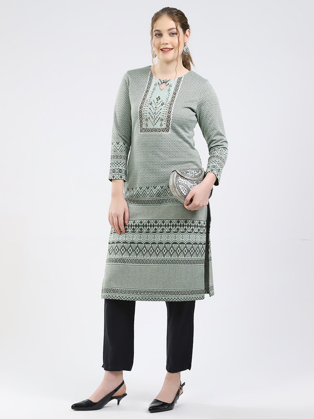 Women Green Printed Round Neck Full Sleeve Winter Kurti