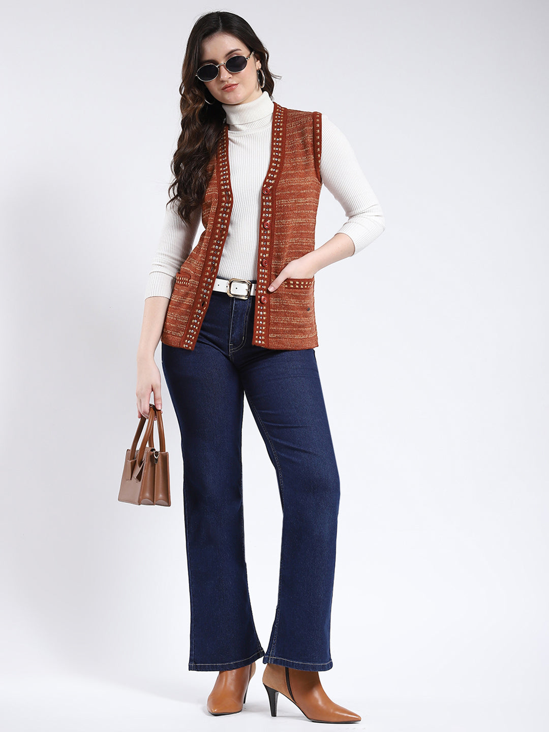 Women Rust Stripe V Neck Sleeveless Cardigan