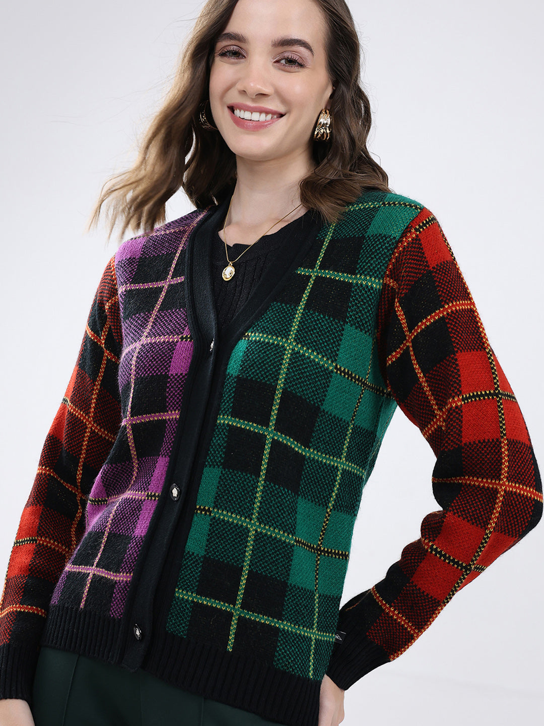 Women Multicolor Self Design V Neck Full Sleeve Cardigan