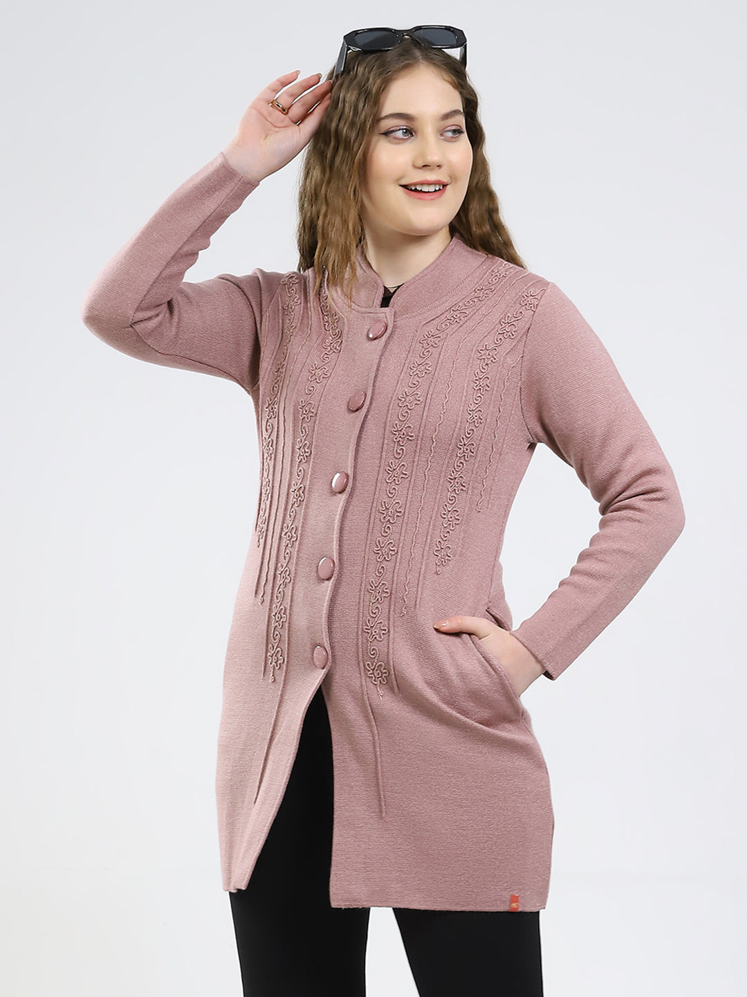 Women Pink Self Design Round Neck Full Sleeve Knitted Coat