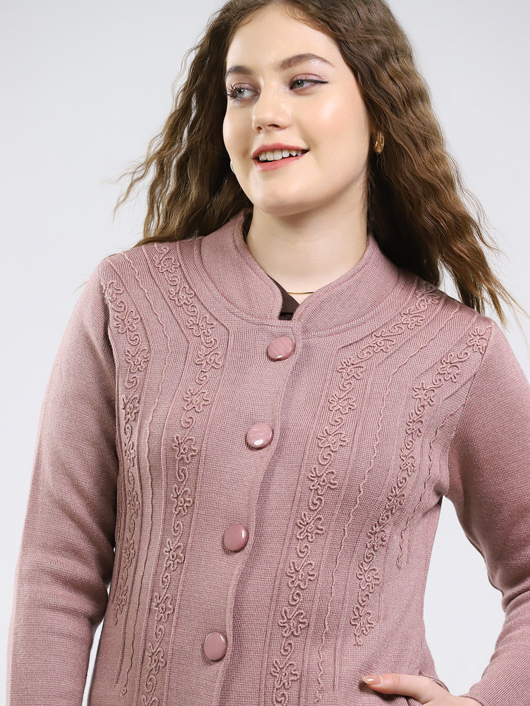 Women Pink Self Design Round Neck Full Sleeve Knitted Coat