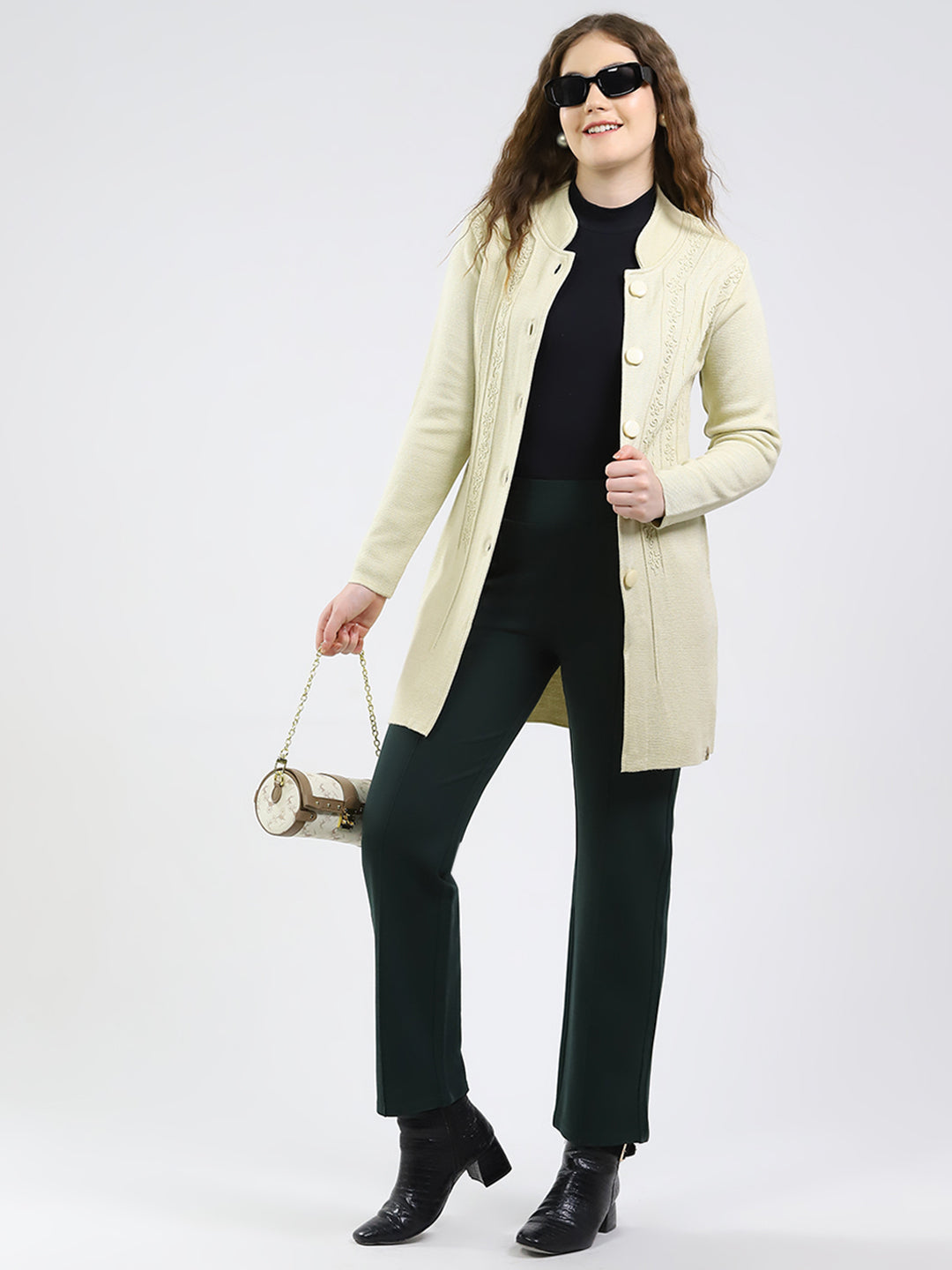 Women Cream Self Design Round Neck Full Sleeve Knitted Coat