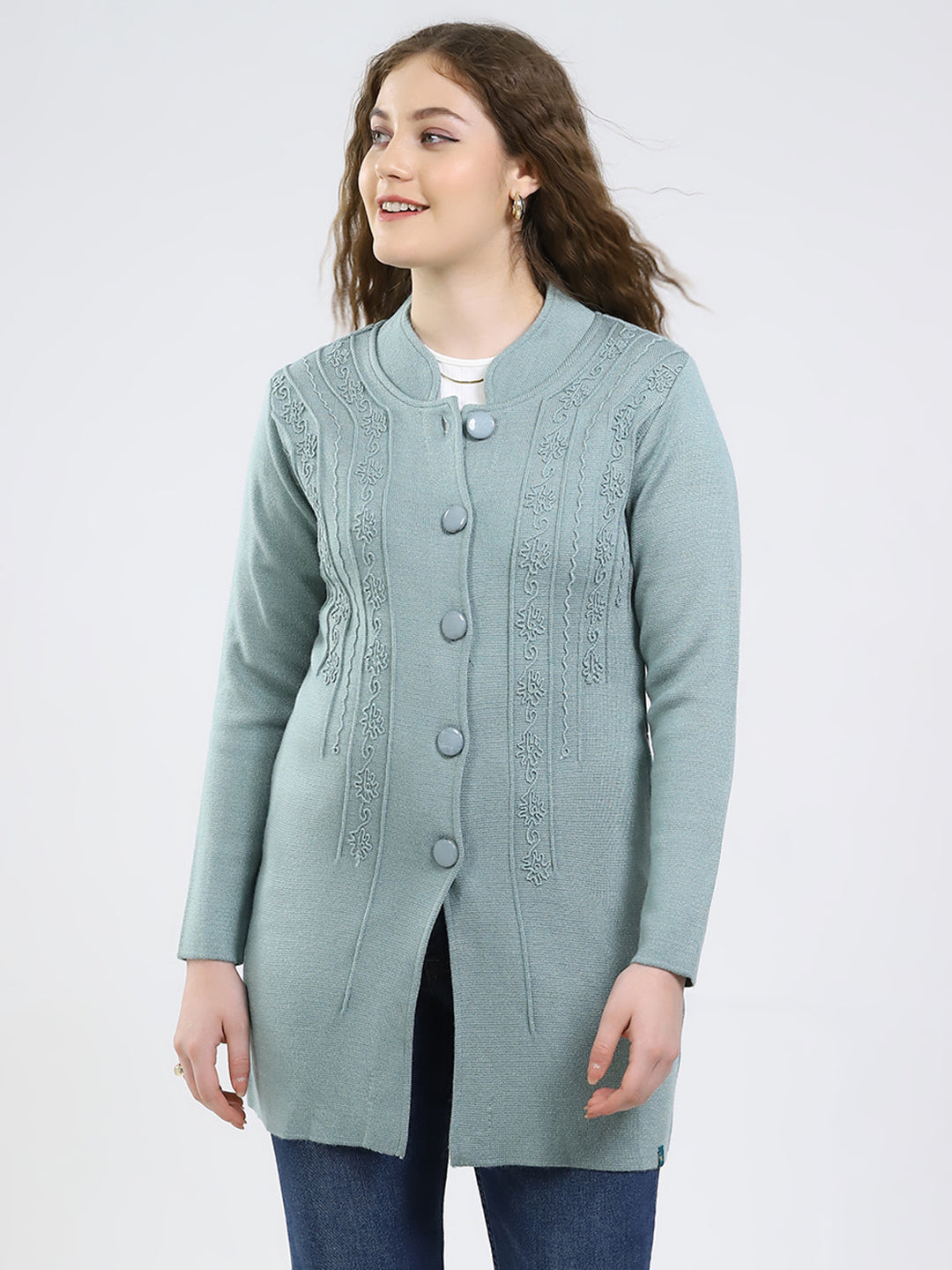 Women Green Self Design Round Neck Full Sleeve Knitted Coat