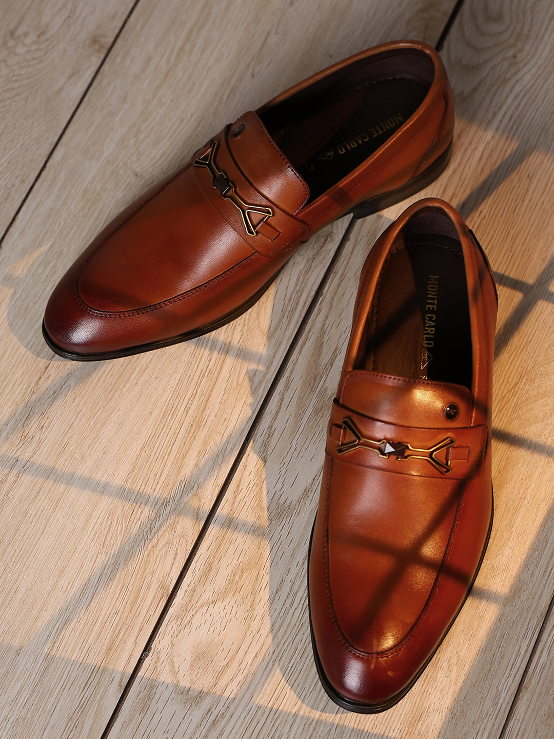 Men Tan Slip on Genuine Leather Horse-Bit Buckle Loafers