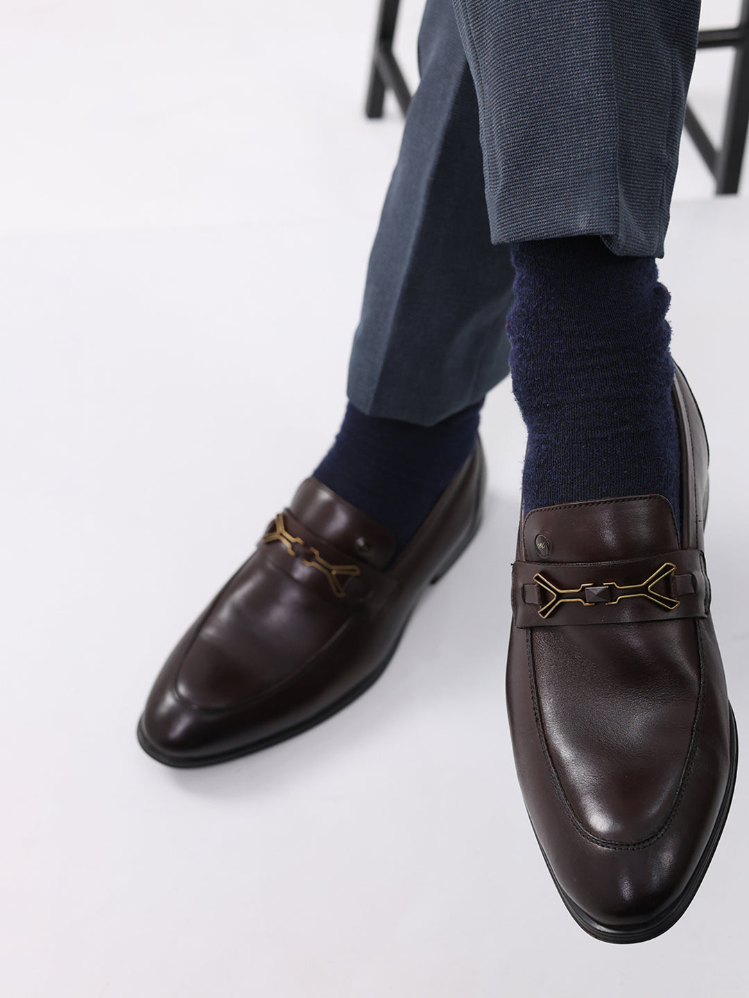 Men Brown Slip on Genuine Leather Horse-Bit Buckle Loafers