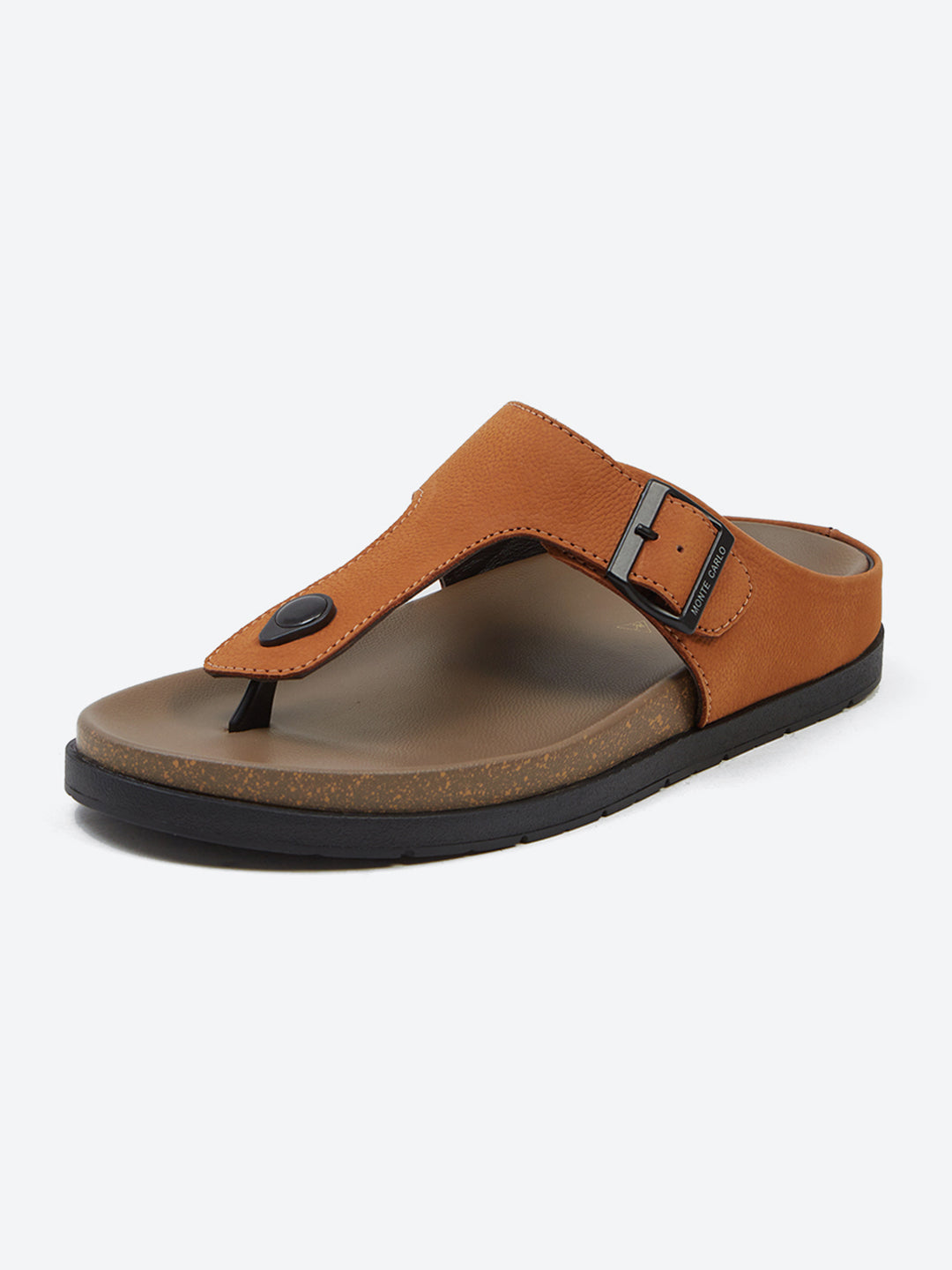 Men Tan Buckle Design Leather Slipper