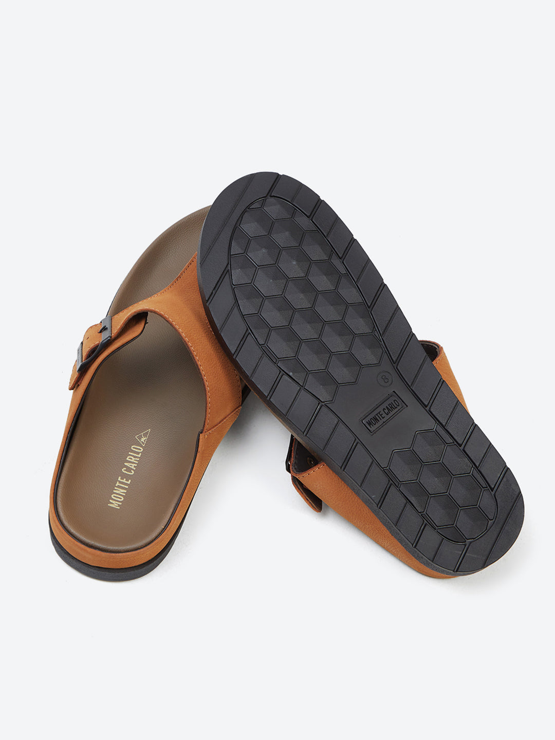 Men Tan Buckle Design Leather Slipper