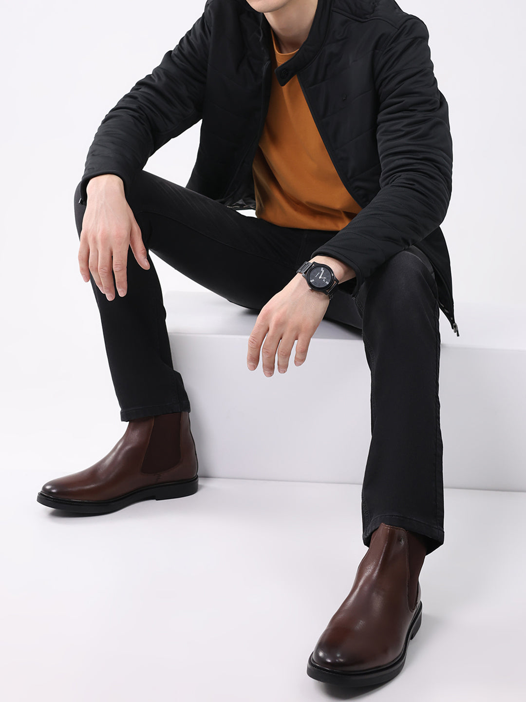 Men Brown Elastic Genuine Leather Chelsea Boots