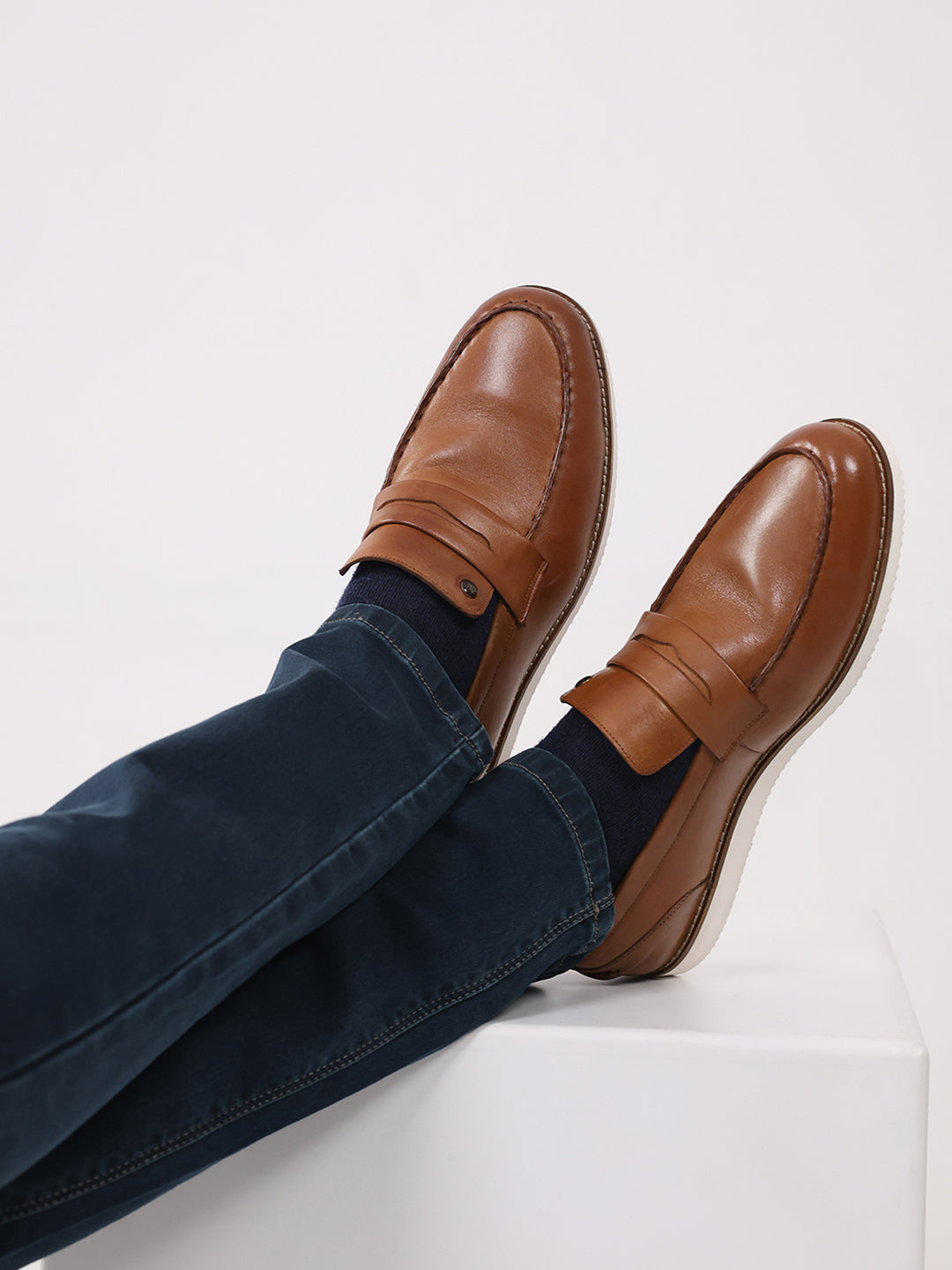 Men Tan Slip on Genuine Leather Penny Loafers