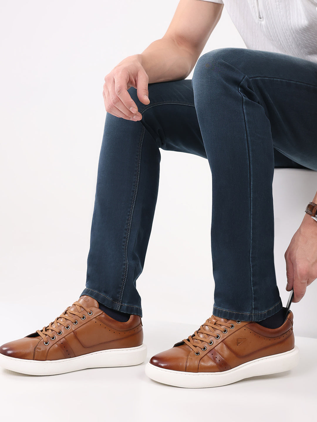 Men Tan Lace Up Genuine Leather Sneaker