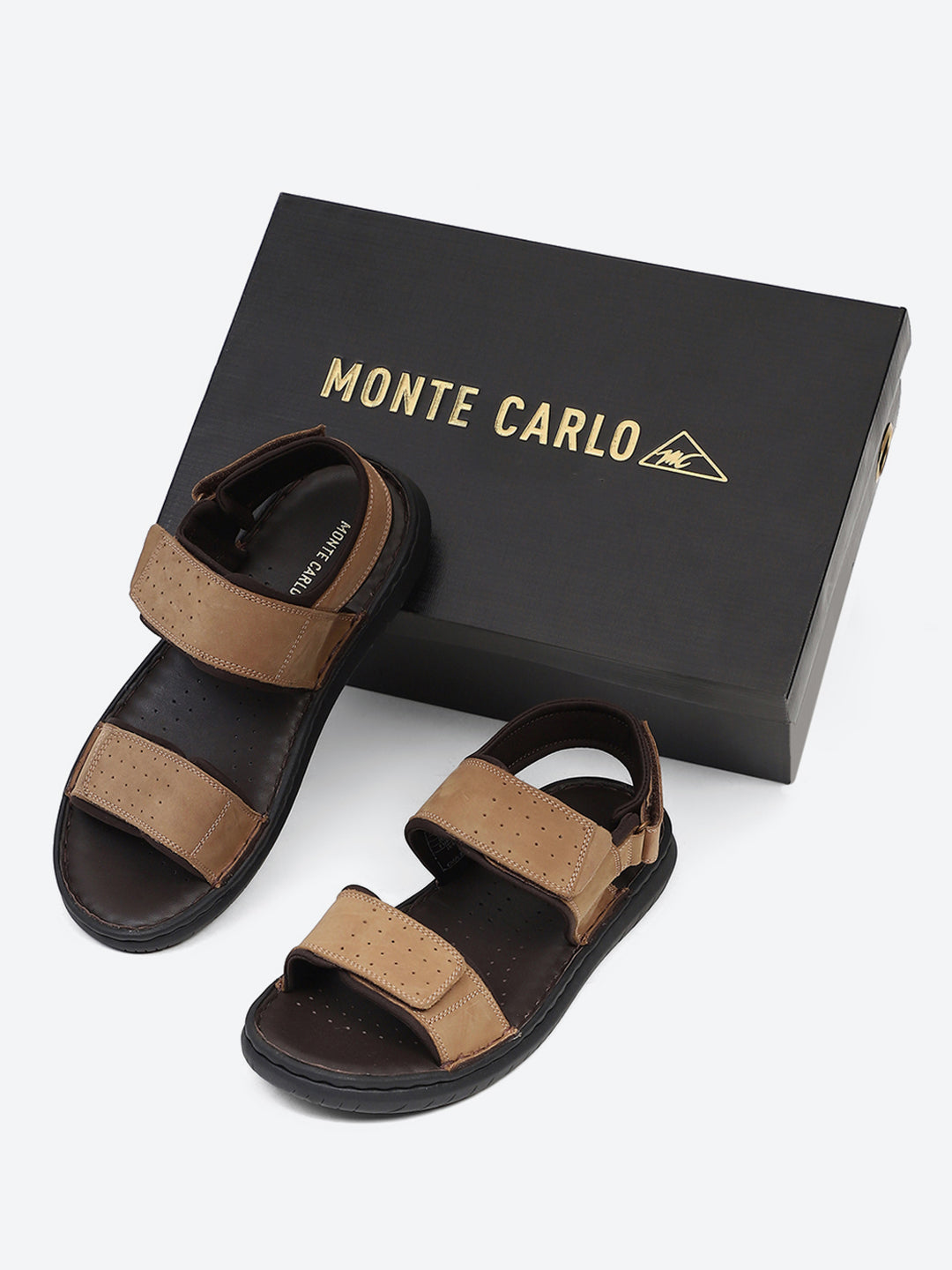 Men Tan Velcro Leather Sandals