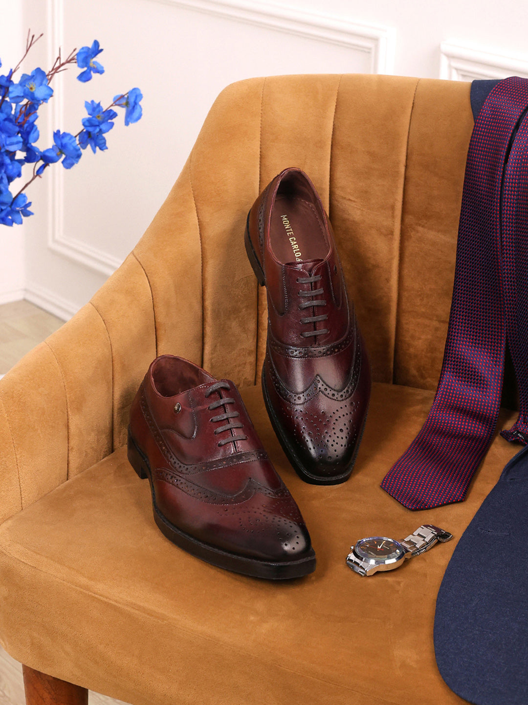 Men Cherry Lace Up Leather Formal Brogues