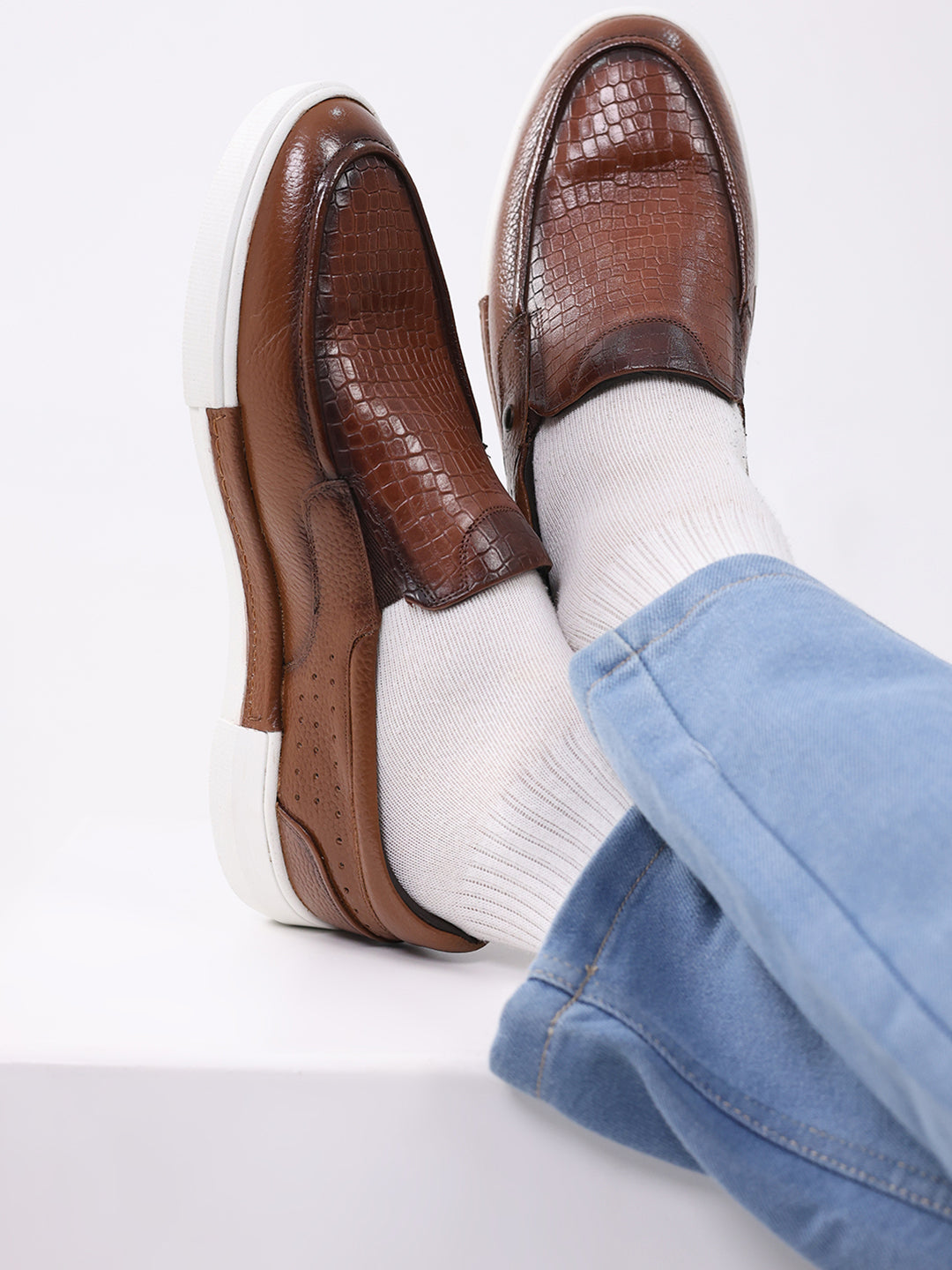 Monte Carlo Tan Croc Print Leather Casual Slip on Shoes for Men