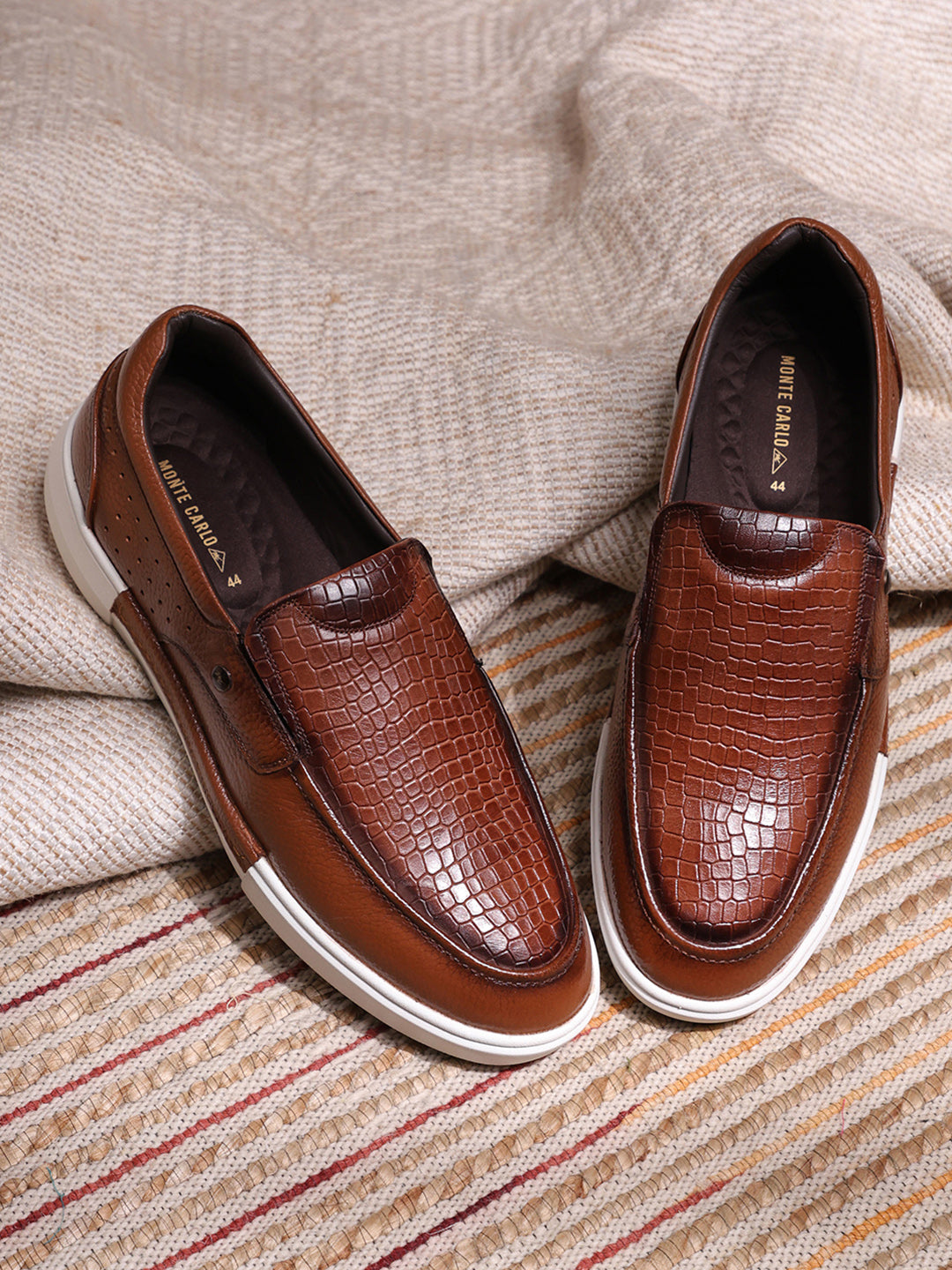 Monte Carlo Tan Croc Print Leather Casual Slip on Shoes for Men