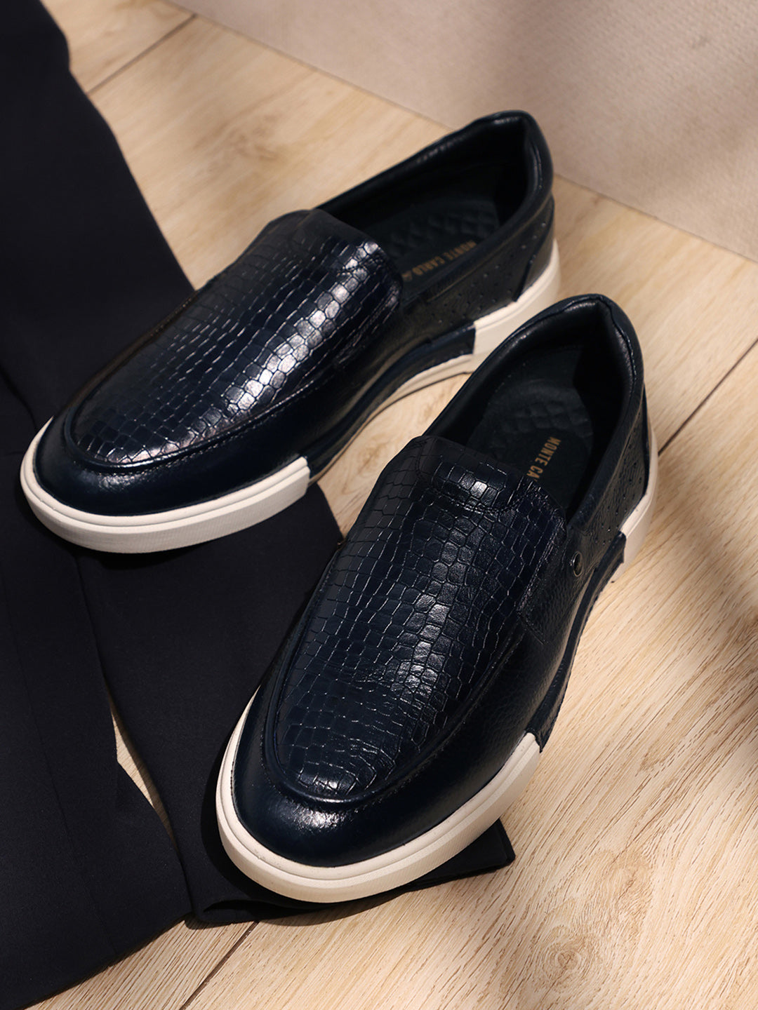 Monte Carlo Navy Blue Croc Print Leather Casual Slip on Shoes for Men