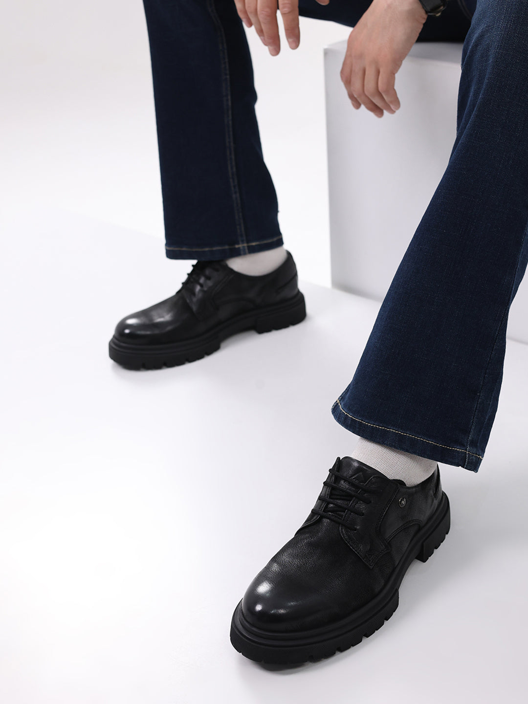 Men Black Lace Up Leather Chunky Shoes