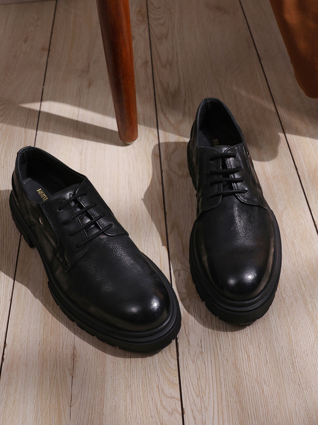 Men Black Lace Up Leather Chunky Shoes