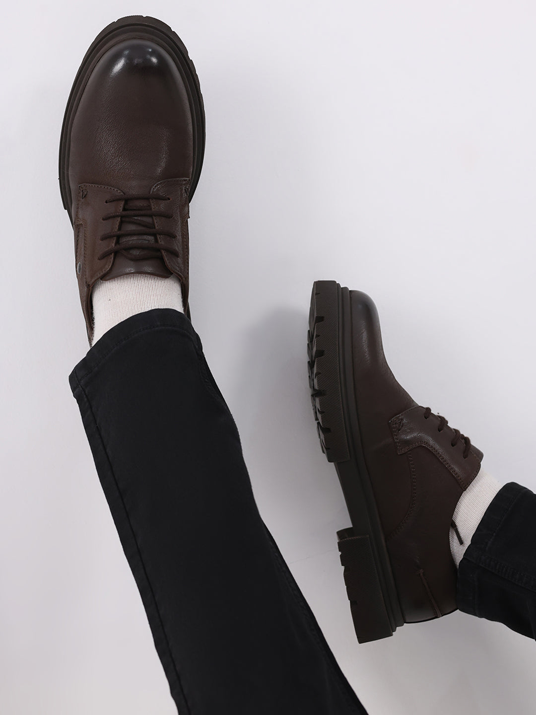 Men Brown Lace Up Leather Chunky Shoes