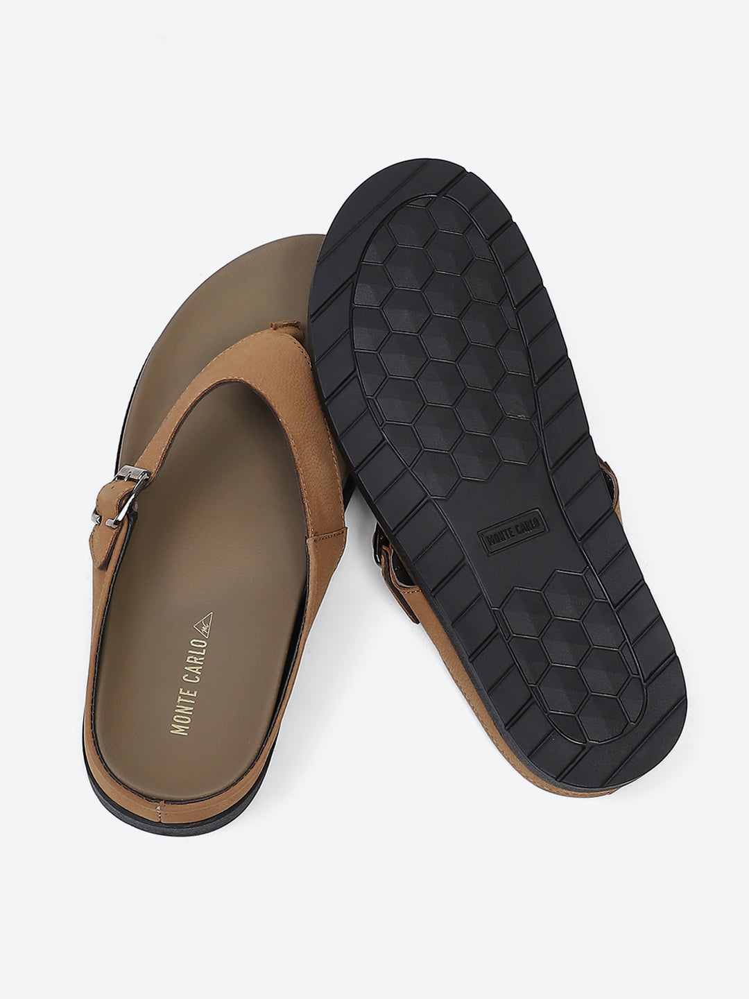 Men Tan Buckle Genuine Leather Slipper