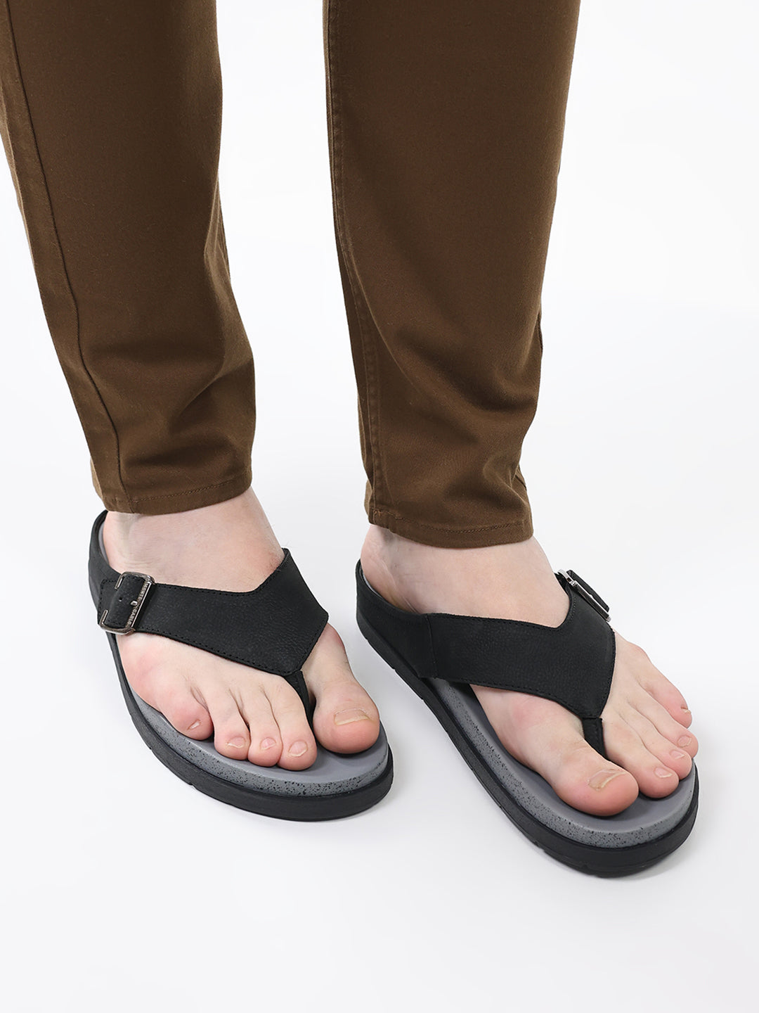 Men Black Buckle Genuine Leather Slipper