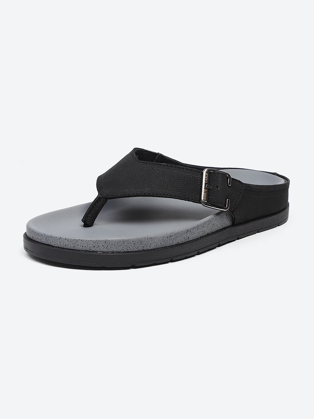 Men Black Buckle Genuine Leather Slipper