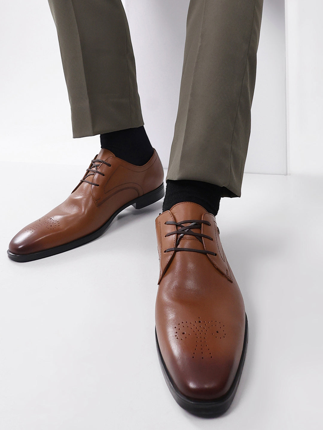 Men Tan Lace Up Genuine Leather Formal Shoes