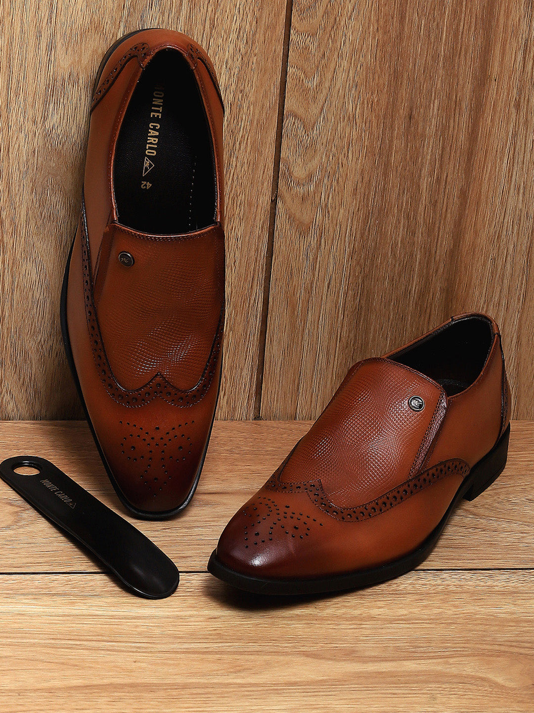 Men Tan Solid Slip on Genuine Leather Formal Shoes