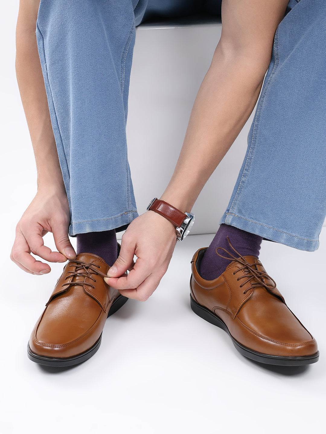 Men Tan Lace Up Leather Formal Derbys