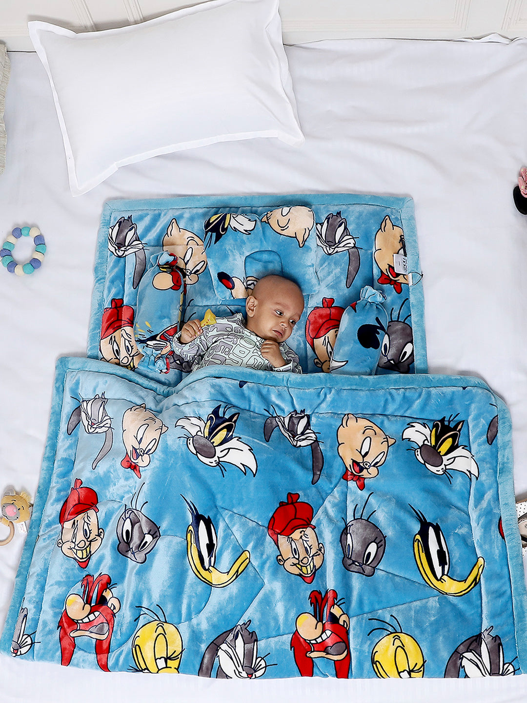 Looney Tunes Print Velvety Soft Blue Baby Blanket Set with Matching Comforter, Bedsheet, Neck Pillow, and Bolsters