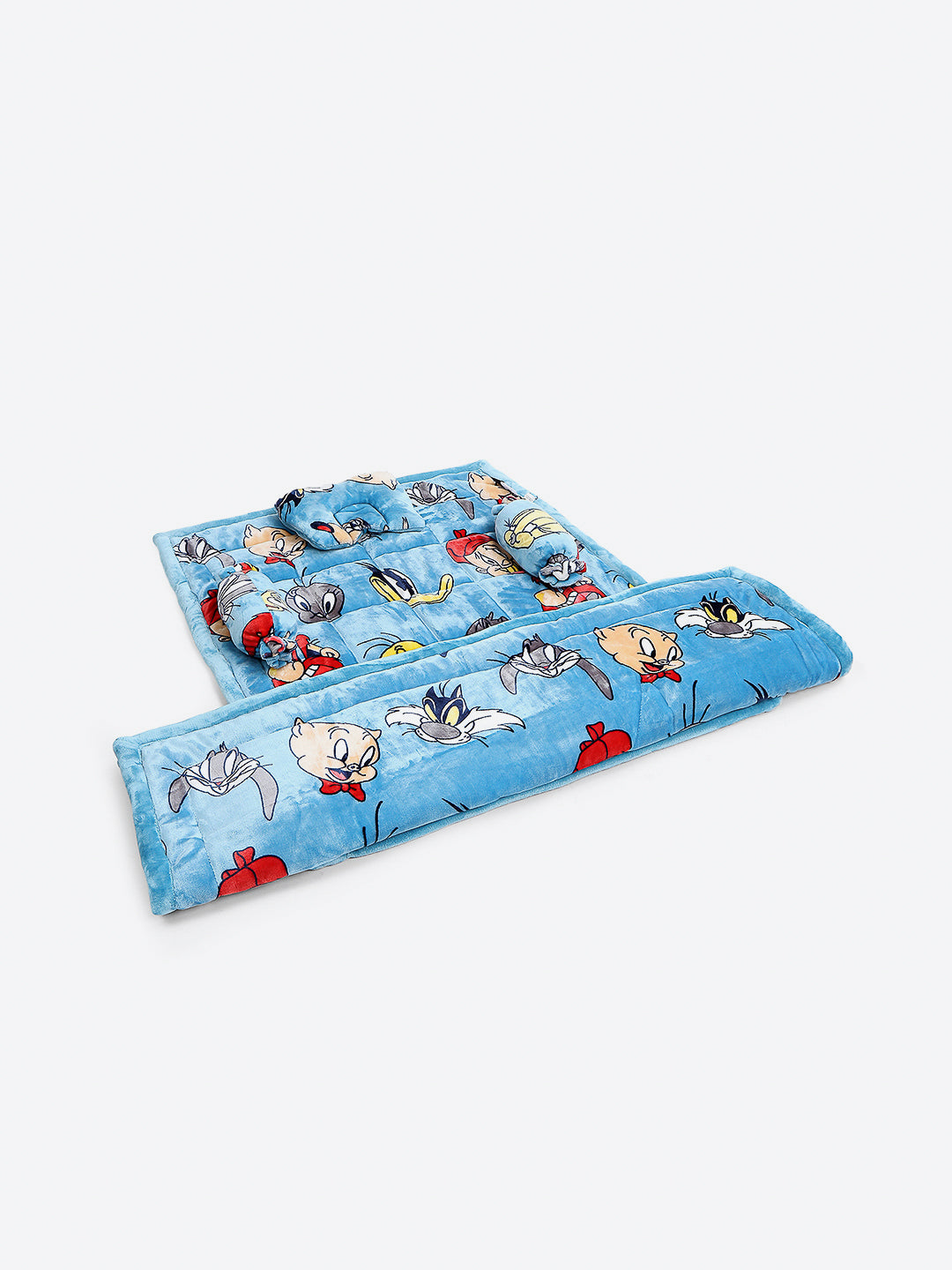 Looney Tunes Print Velvety Soft Blue Baby Blanket Set with Matching Comforter, Bedsheet, Neck Pillow, and Bolsters