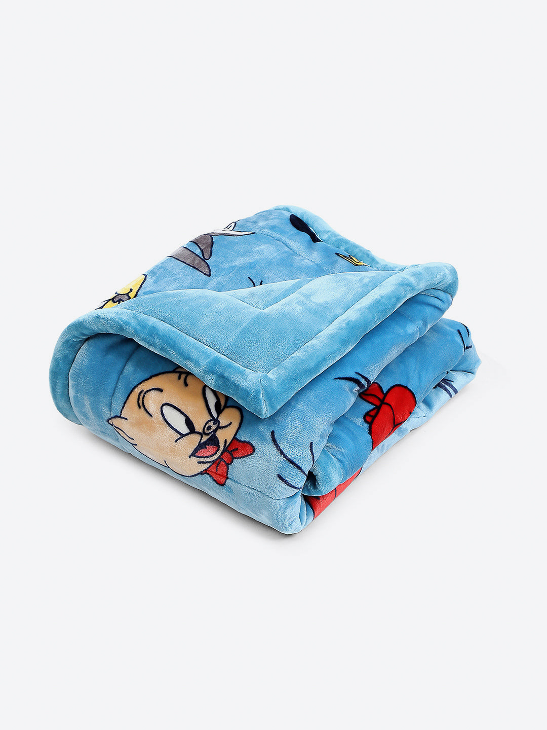 Looney Tunes Print Velvety Soft Blue Baby Blanket Set with Matching Comforter, Bedsheet, Neck Pillow, and Bolsters