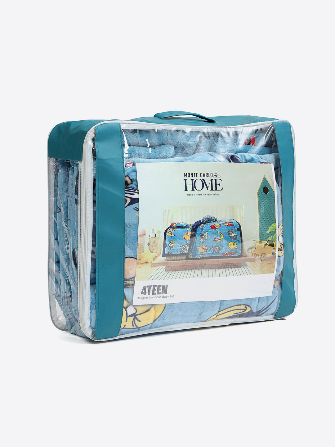 Looney Tunes Print Velvety Soft Blue Baby Blanket Set with Matching Comforter, Bedsheet, Neck Pillow, and Bolsters