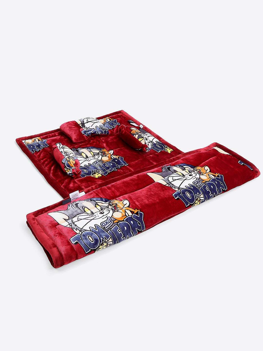Tom and Jerry Print Velvety Red Baby Blanket Set with Matching Comforter, Bedsheet, Neck Pillow, and Bolsters