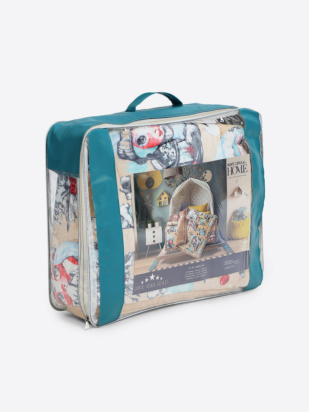 Printed Baby Blanket 3 Ply, 1609 GSM 5Pcs Set (1 Baby Comforter, 1 Bedsheet, 1 Neck Pillow & 2 Bolster)