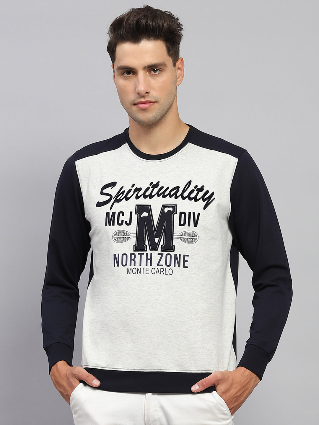 Men Navy Blue Printed Round Neck Full Sleeve T-Shirt