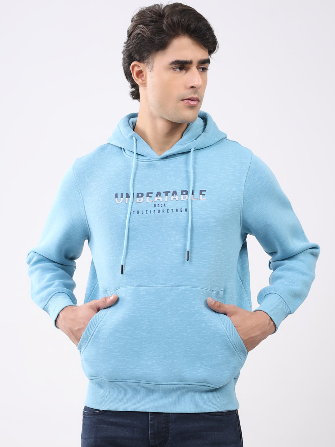 Men Aqua Blue Solid Hooded Full Sleeve Sweatshirt