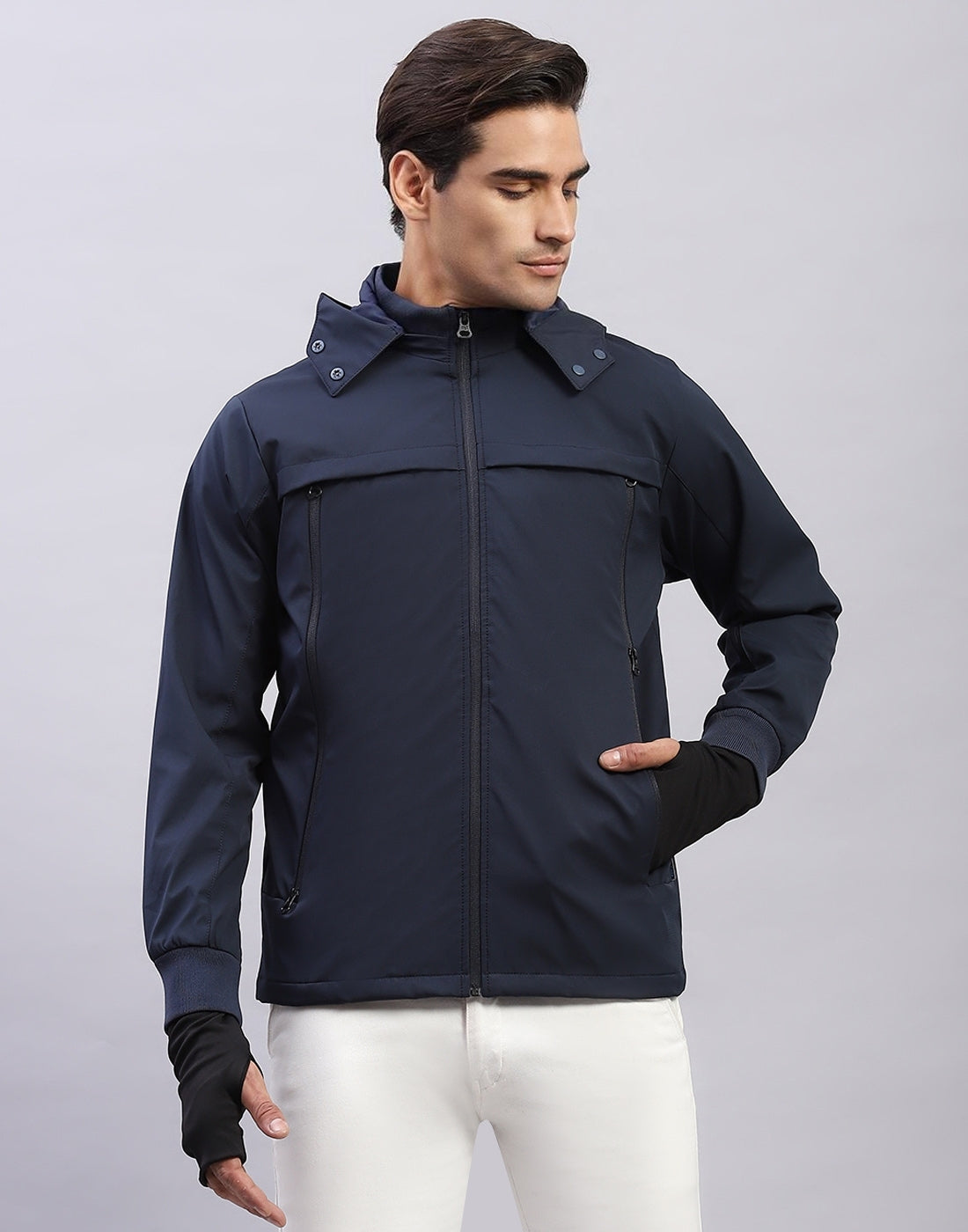 Men Navy Blue Solid Hooded Full Sleeve Jacket