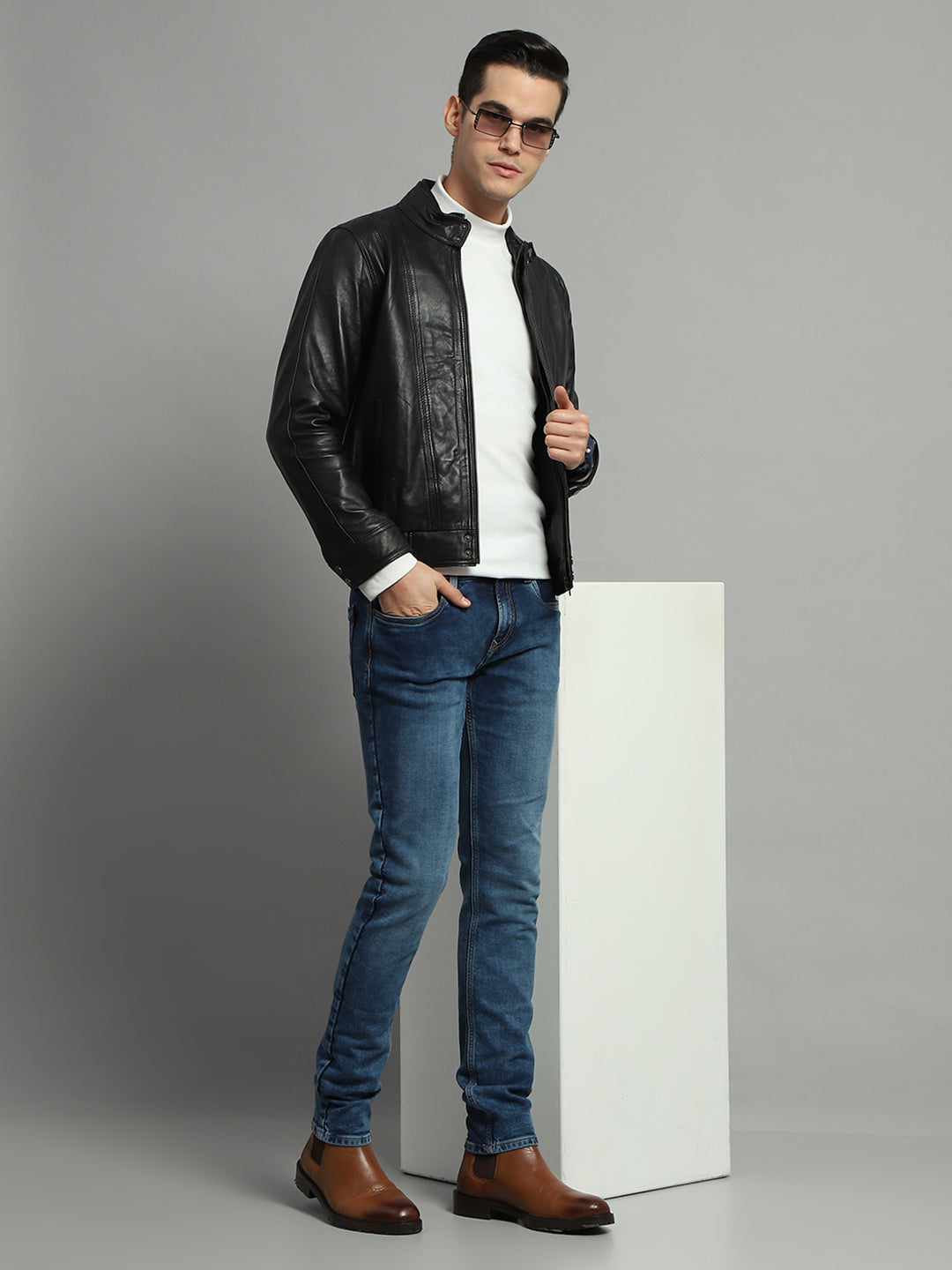 Luxuria Men Black Solid Mock Neck Full Sleeve Leather Jacket