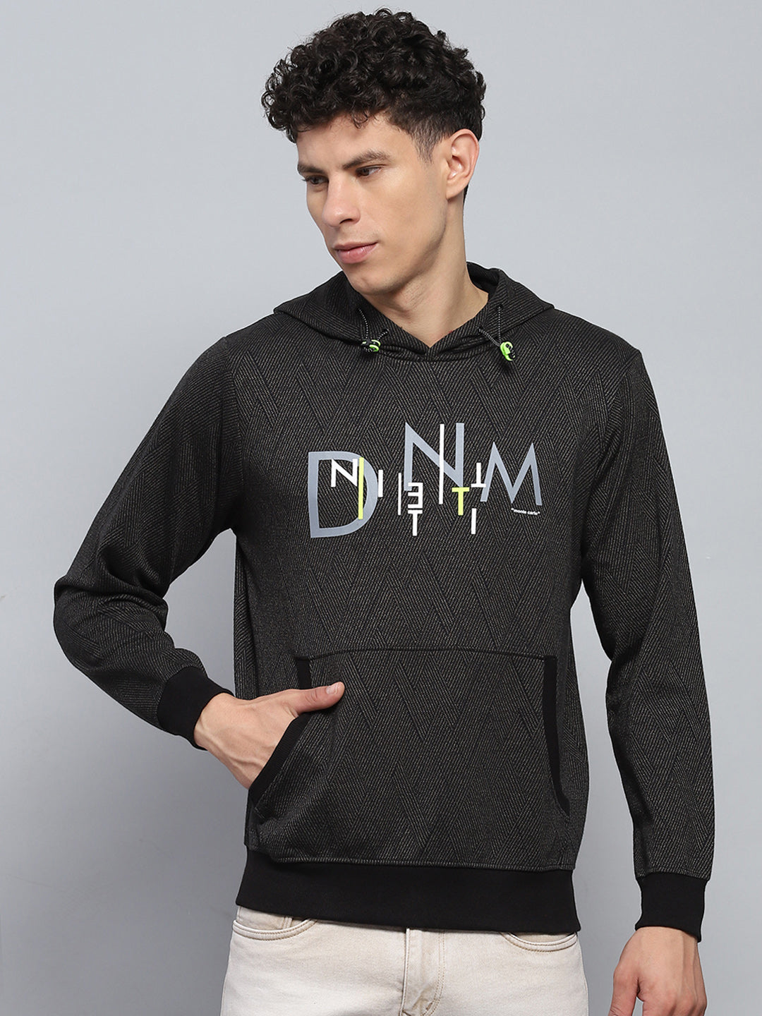 Men Black Self Design Hooded Full Sleeve Winter T-Shirt