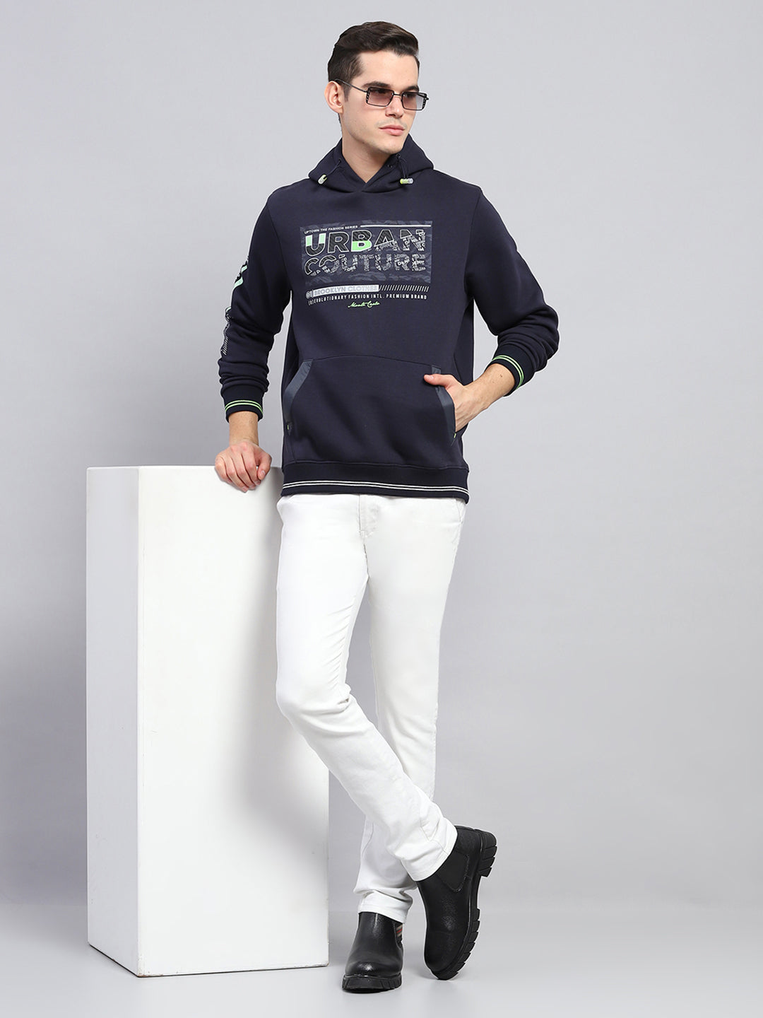 Men Navy Blue Printed Hooded Full Sleeve Sweatshirt