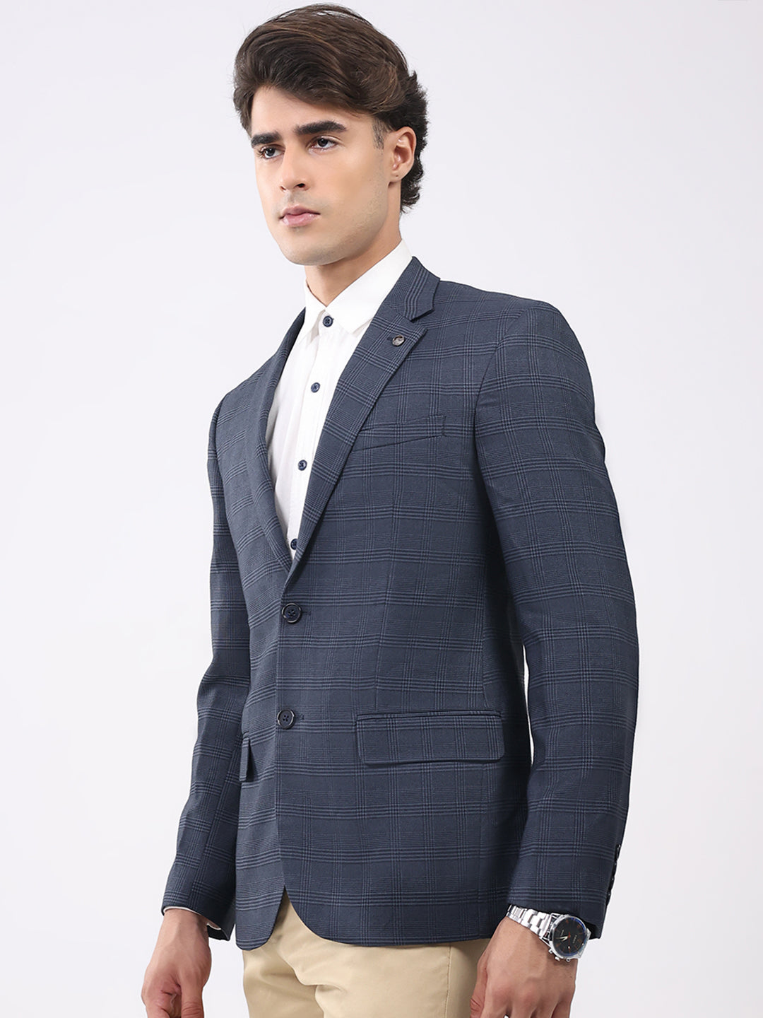 Men Grey Check Notch Lapel Collar Full Sleeve Coat