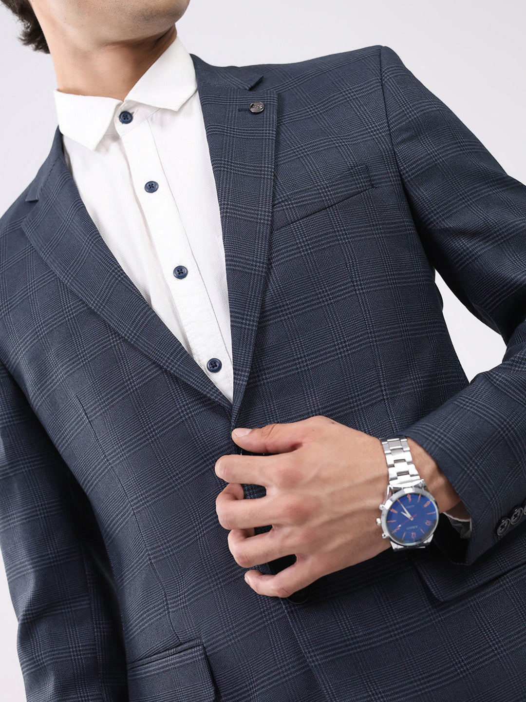 Men Grey Check Notch Lapel Collar Full Sleeve Coat