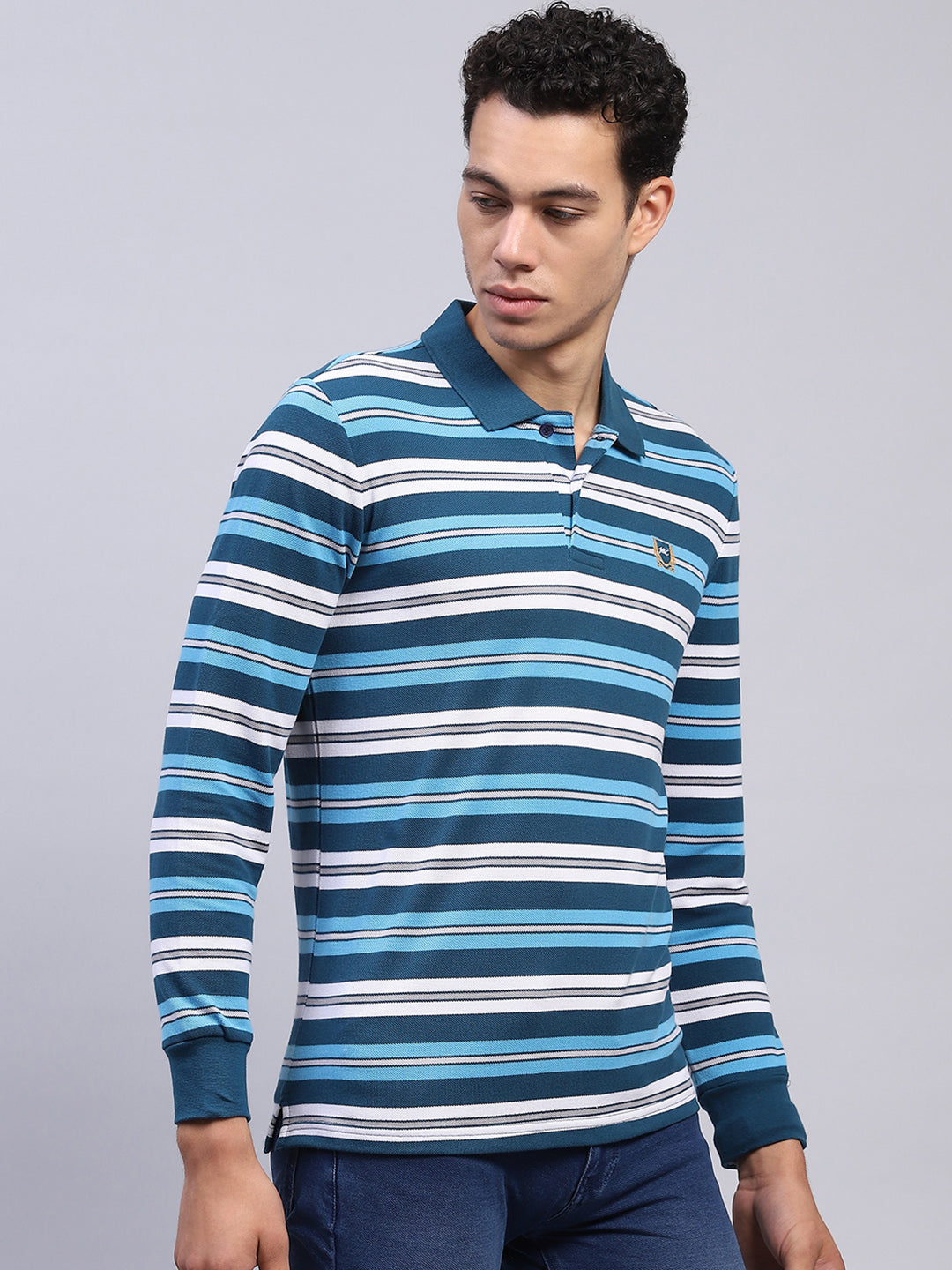 Men Blue Stripe Collar Full Sleeve Winter T-Shirt