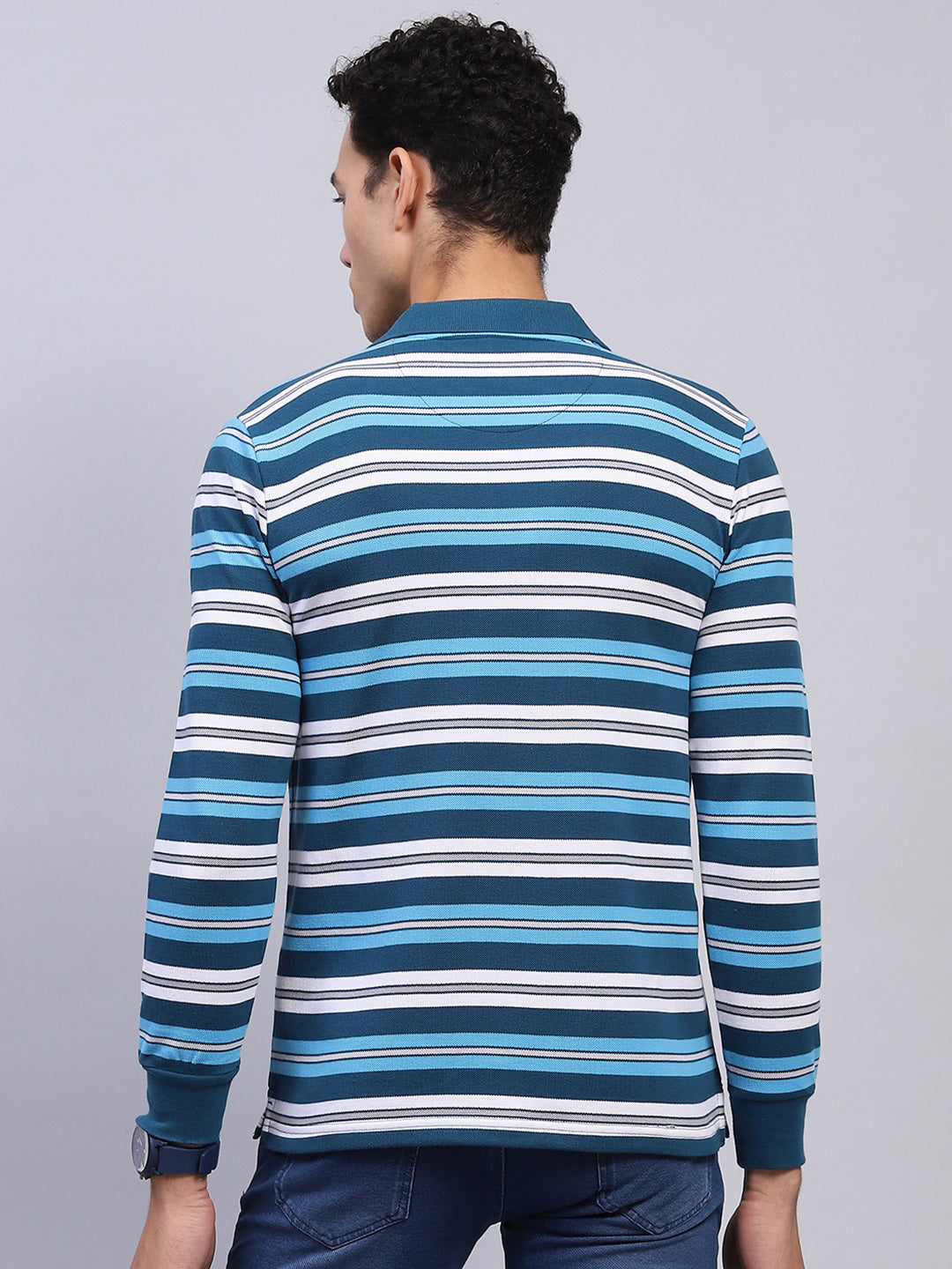 Men Blue Stripe Collar Full Sleeve Winter T-Shirt