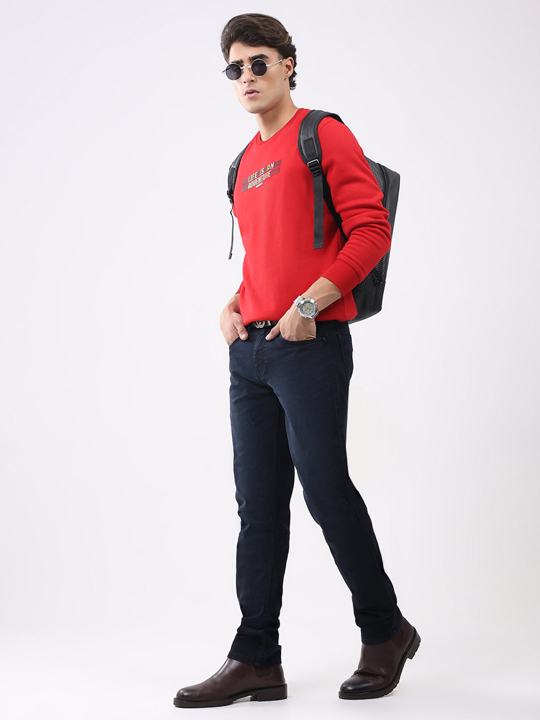 Men Red Solid Round Neck Full Sleeve Sweatshirt