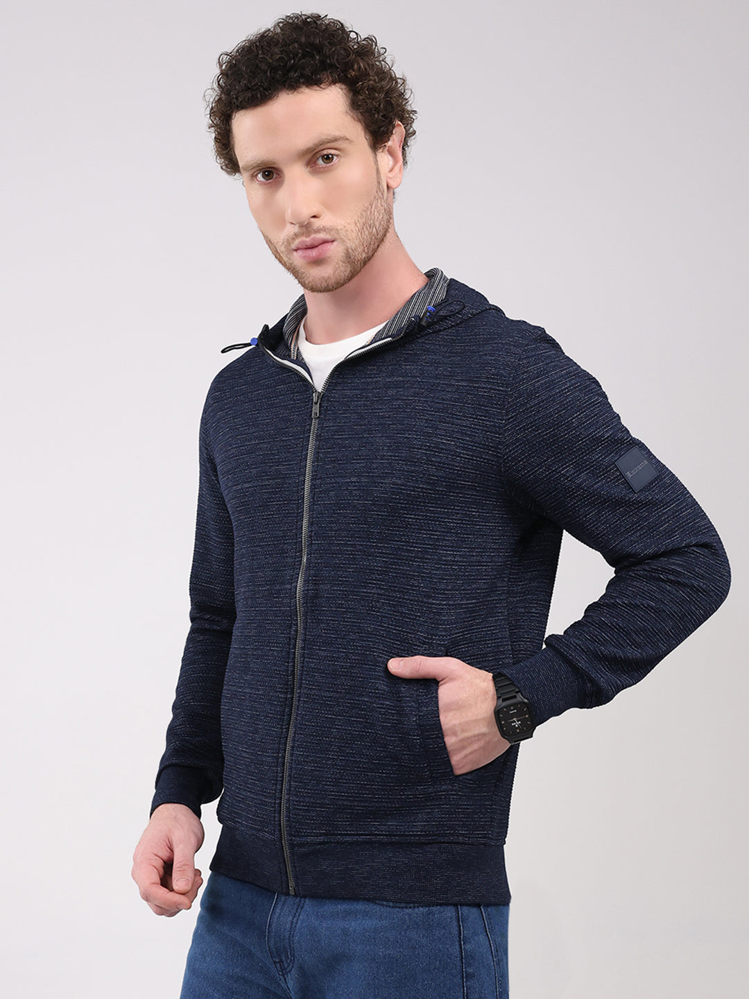 Luxuria Men Navy Blue Solid Hooded Full Sleeve Sweatshirt