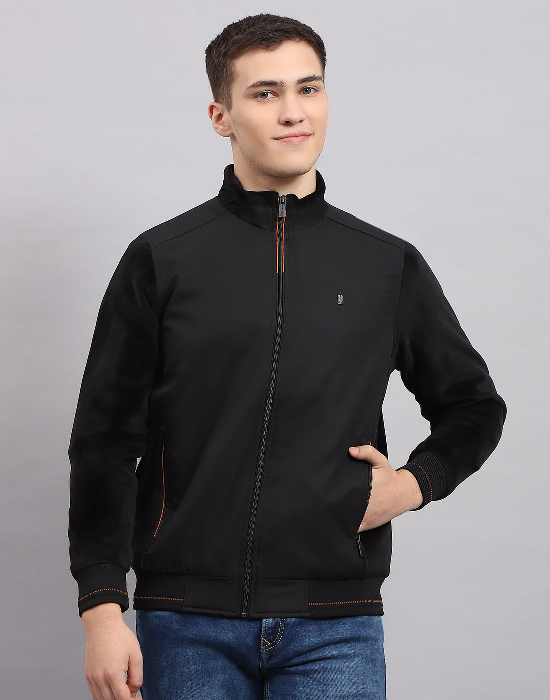 Men Black Solid Mock Neck Full Sleeve Jacket